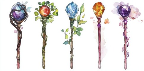 On a transparent background, a set of magic wizard staffs are displayed.