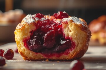 Wall Mural - cherry popover being cut open, revealing the rich, juicy cherry filling inside, with a soft focus background of a cozy kitchen