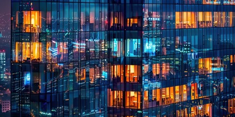Canvas Print - a city skyline with many windows reflecting the lights of the city