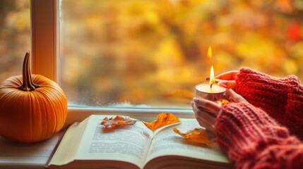 Poster - A person holding a lit candle over an open book, AI