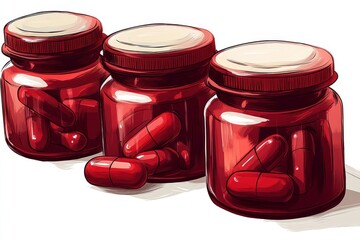 Sticker - Illustration of three red glass jars filled with various types of pills highlighting the importance of proper storage and organized healthcare solutions in maintaining health and wellness