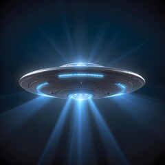 Alien spaceship abduction, a silver-colored flying saucer-shaped UFO with a glowing blue light in the center, hovering in the air 