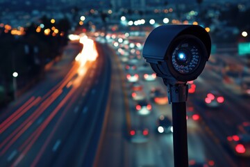 Surveillance camera overlooking highway traffic at night