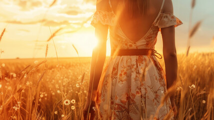 Beautiful woman standing in a wheat field at sunset, wearing a dress adorned with chamomile flowers, belted at the waist