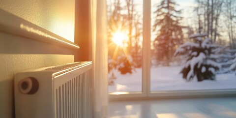 Poster - A window with a view of trees and a sun shining through it