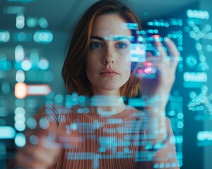 A focused woman interacts with digital data displayed on a screen, showcasing innovation and technology in a modern setting.