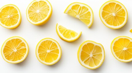 Wall Mural - Freshly cut lemon slices arranged decoratively on a white surface showcasing their bright yellow color and juicy texture