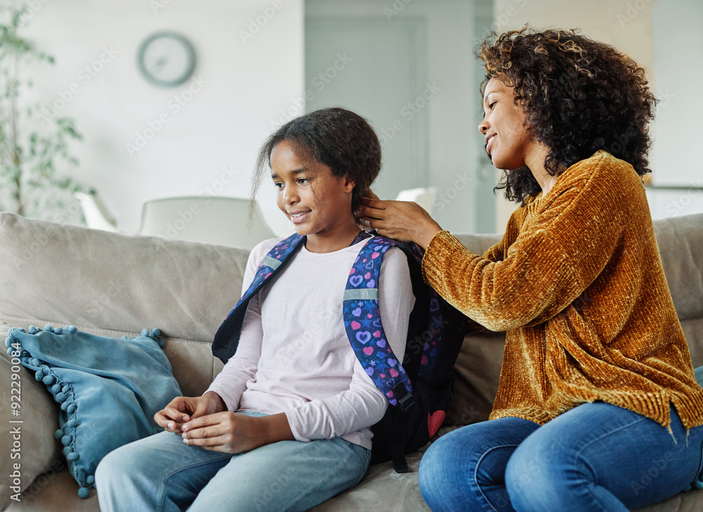 Parents Getting Help child mother family education school girl home daughter backpack help ...
