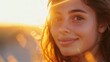 © venusvi - Golden Hour Glow: A young woman radiates warmth and joy in the golden light of sunset, her eyes sparkling with happiness, her hair flowing in the gentle breeze.