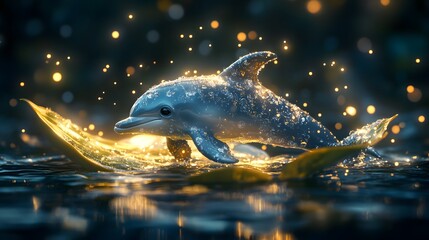 Wall Mural - Magical Dolphin Leaping from a Leaf.