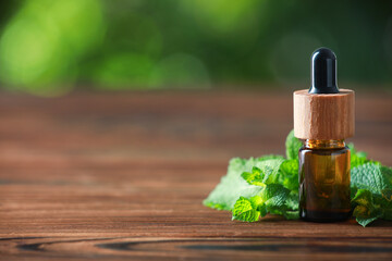 Wall Mural - Bottle of mint essential oil and fresh leaves on wooden table, space for text