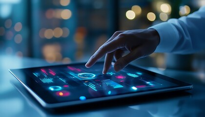 Fototapete - Close-Up of a Data Scientist Interacting with AI-Generated Datasets on a Tablet