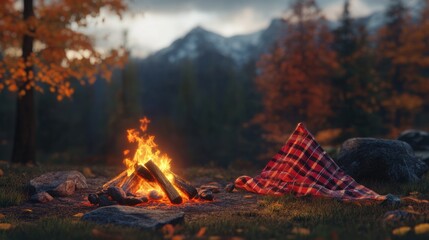 Canvas Print - A blanket on the ground next to a campfire in front of mountains, AI