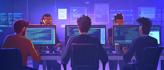 Team of Programmers Working Late on a Software Project in a Dark Office, Team of Programmers Working Late on a Software Project in a Dark