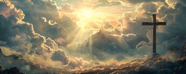 A wooden cross stands atop a mountain peak, bathed in the golden light of a rising sun.