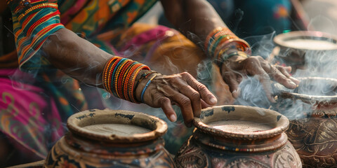 A woman is cooking with a pot of food on a stove