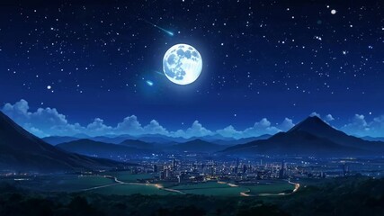 views of the moon over cities and mountains with stars twinkling at night. seamless and looping