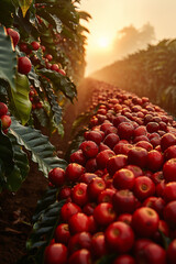 Coffee beans grow on plant at sunset generated.AI