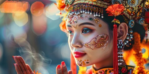 Wall Mural - A woman wearing a traditional costume with a red nose and red lips