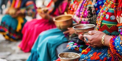 A group of people wearing colorful clothing and holding bowls