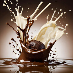 Chocolate and splash, chocolate splash isolated on white background, Milk and chocolate splashing against each other. 