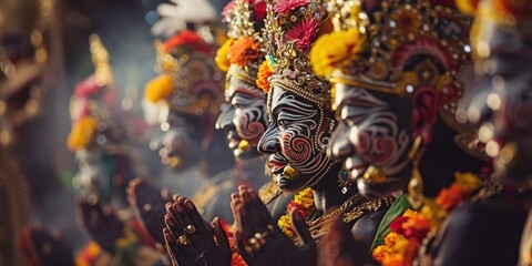 A group of people dressed in colorful costumes are praying