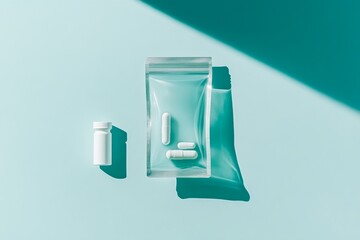 Sticker - Minimalistic arrangement of a single pill bottle and a clear plastic bag casting long shadows on a blue background symbolizing simplicity and precision in pharmaceutical packaging