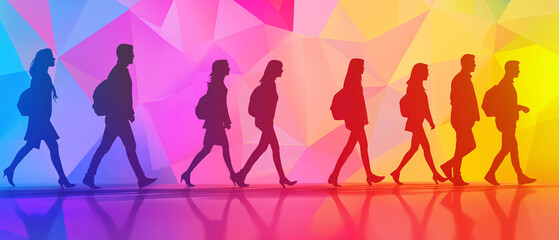 silhouettes of people walking in front of colorful geometric background, silhouettes of people walki