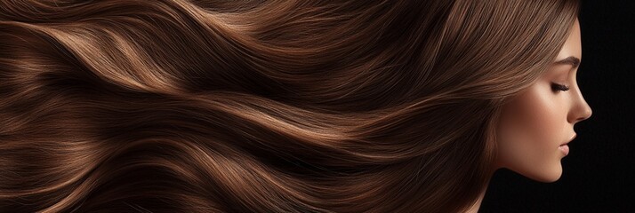 luxurious waves of silky brown hair flow gracefully against a dark background, showcasing the beauty