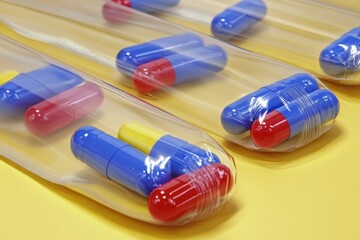 Sticker - Colorful capsules sealed in blister packs placed on a bright yellow background symbolizing the bright future of pharmaceutical packaging and medication accessibility