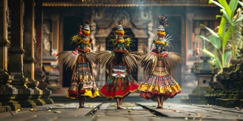 Wall Mural - Three women in colorful costumes are walking down a path