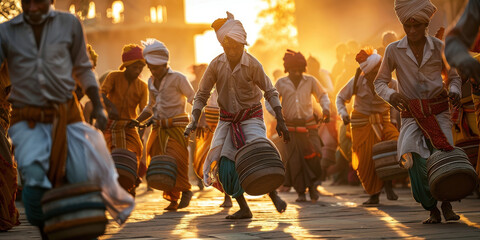 Wall Mural - A group of men are playing drums and dancing in the street