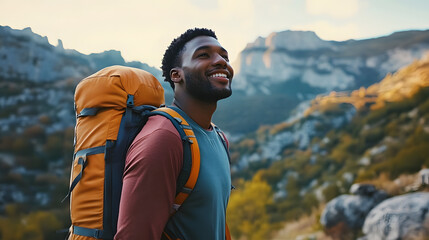 happy young african american man hiking in the mountains.
