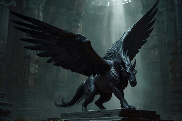 black wolf pegasus in a dark dimly lit and foggy mysterious ancieent mansion