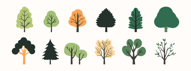 Tree and leaf collection hand drawn flat design element. botanical set of bare trees and ones with leaves and lush limited pastel color