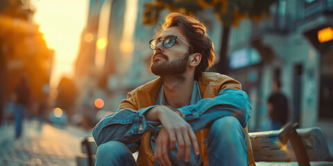 Wall Mural - A man in a yellow jacket sits on a bench in a city street