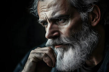 Poster - a mature man with a beard against a dark background