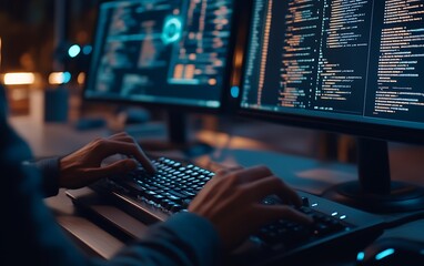 Fototapete - Close-Up of a Programmer Typing AI Code on a Mechanical Keyboard