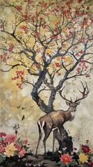 Canvas Print - Deer in a Blooming Garden.