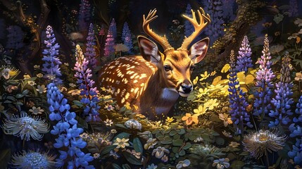 Poster - Deer in a Flower Garden.