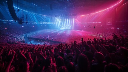 Wall Mural - Electrifying Rock Concert: Band Performing on Stage in Packed Stadium with Enthusiastic Fans Cheering