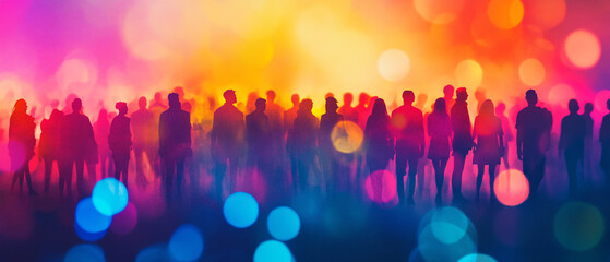 Silhouette Crowd of People at a Concert with Colorful Bokeh Lights, Silhouette Crowd of People at a Concert with Colorful Bokeh Ligh