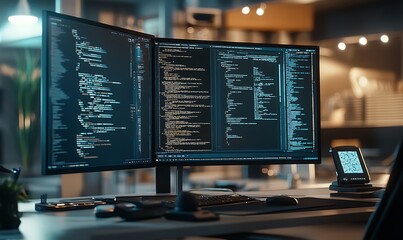 Fototapete - Close-Up of a Programmer Debugging AI Code on a Dual-Monitor Setup