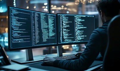 Fototapete - Close-Up of a Programmer Debugging AI Code on a Dual-Monitor Setup