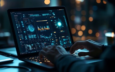 Fototapete - Close-Up of a Data Scientist Visualizing Complex AI Data on a Laptop