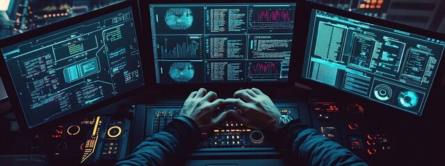 Fototapete - Close-Up of a Programmer Working on AI Code with Multiple Screens