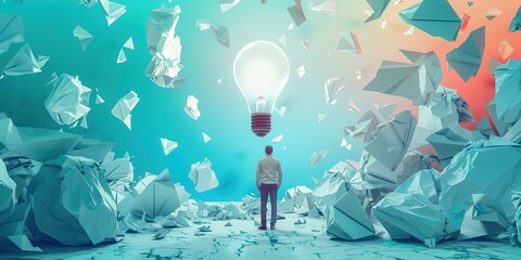 Wall Mural - A man stands in front of a light bulb that is surrounded by paper