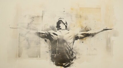 Canvas Print - In Worship. Digital painting of a young man with arms outstretched in the air. Grunge style.