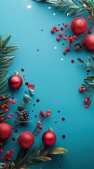 Wall Mural - A blue background with red and green leaves and red and green balls