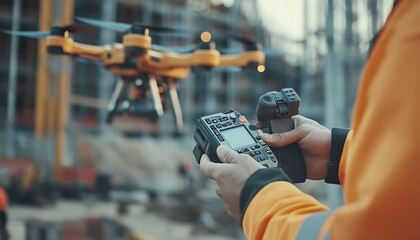 Fototapete - Close-Up of a Construction Worker Operating a Drone Remote on a Construction Site